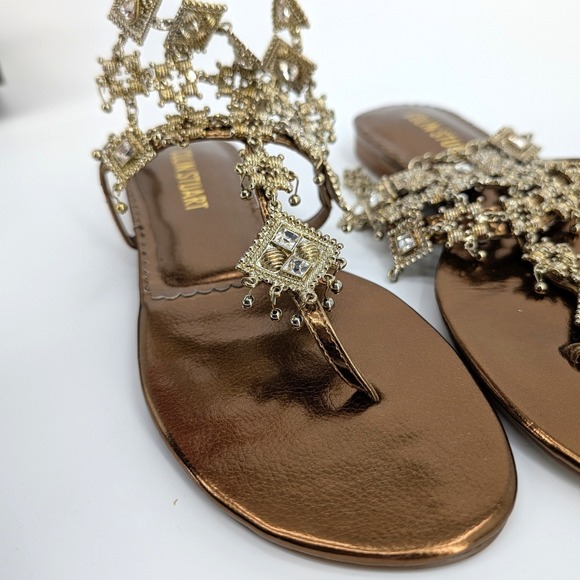 Colin Stuart Bronze Jeweled Filigree Flat Sandals Ankle Chain Womens 7B - Damage - Picture 7 of 8